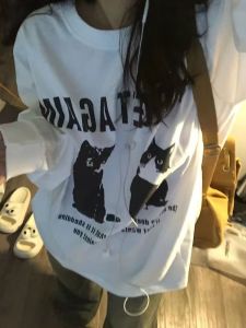 เสื้อยืดคอกลมแขนยาวลายแมวสไตล์อเมริกันสำหรับผู้หญิง ฤดูใบไม้ผลิและฤดูใบไม้ร่วง ทรงหลวม แบรนด์ดัง แฟชั่นสตรีท