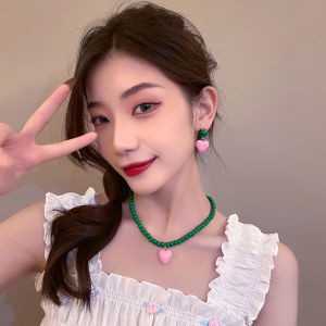 【♡Lovely girls house♡】Vintage Retro Sweet Pink Heart Stud ต่างหูสำหรับผู้หญิง Candy Color Heart Beaded สร้อยคอ2022 New