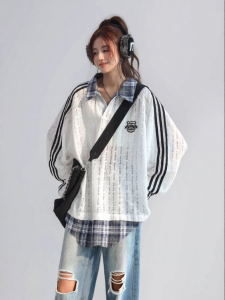 CHANT2nd | Retro Plaid Spliced Fake Two-Piece Womens Polo Sweater Long Sleeve