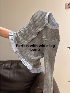 Design French Style Patchwork Striped Faux Two-Piece Knit Sweater