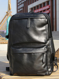 Black PU Leather Double Shoulder Backpack Large Capacity Outdoor Travel Mens Sports Computer Bag Fashion Simple Design Waterproof