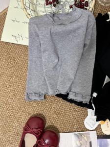 Pure Color Long Sleeve T-Shirt for Girls Spring Autumn New Style Baby Base Shirt Thin Top Inner Wood Grain Ruffle Design