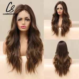 Mái Tóc Giả Lưới Trước Dài Tự Nhiên Uốn Sóng CharmSource Màu Nâu Ombre Tổng Hợp Dành Cho Nữ Dùng Hàng Ngày Dự Tiệc Cưới Kích Thước Mũ Trung Bình Với Lưới Thụy Sĩ Trong Suốt