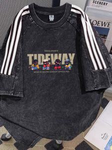 American Style Heavyweight Washed Short Sleeve T-Shirt Mens Loose Summer Teenage Couple Five-Quarter Sleeve Body Shirt