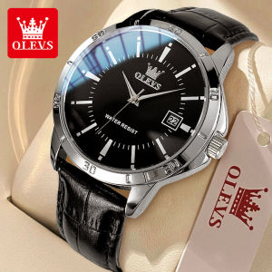 OLEVS Official Original Authentic Mens Watch 2024 New Waterproof Luxury Brand Fashion Casual Simple Luminous Calendar Quartz Leather strap Scratch-Resistant Mirror Gift for Boyfriend