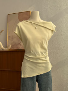 Slimming Effect Asymmetric Shoulder Short Sleeve T-Shirt Womens Fashionable Summer Base Shirt Top Korean Style Knitted round Neck