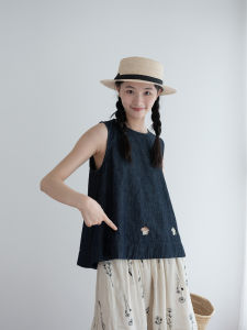 Summer Cotton Linen Blend Embroidered Womens Sleeveless Denim Vest Slimming Stylish Casual Comfortable Breathable Top