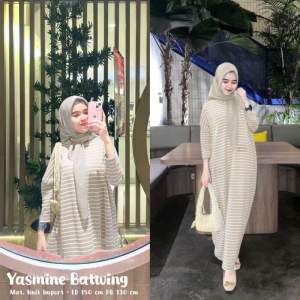 KAFTAN Batwing Bahan knit Premium | yasmine batwing Salur | Midi Dress | Gamis Knit Import | Gamis Fashion Muslim Kekinian
