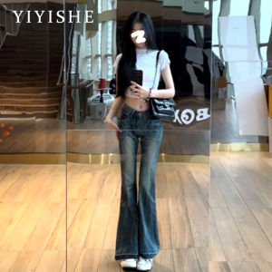 กางเกงยีนส์ทรงขาบานเอวต่ำสไตล์อเมริกันสำหรับผู้หญิง กางเกงขายาวทรงขาบานทรงหางม้าทรงสลิมฟิตสำหรับฤดูใบไม้ร่วงปี 2024
