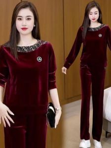 Fashionable Gold Velvet Casual Set Womens Loose Slim Straight Leg Pants Two Piece Suit Autumn New Style Comfortable Sportswear