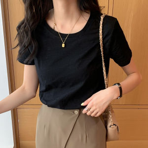 เสื้อยืดผ้าฝ้ายไผ่หลวมแขนสั้นฤดูร้อน 2025 เสื้อยืดผู้หญิง สไตล์เกาหลี ทรงหลวม สีพื้น คอวี ปกติ