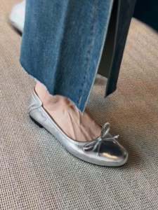 Silver Butterfly Knot Ballet Flat Shoes Leather Version Genuine Leather Square Head Flat Bottom Grandmother Slip-On Fashionable Casual Loafers