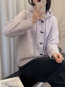 QINGNAER | Lazy Horn Button Hooded Sweater