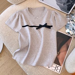 Áo Thun Ngắn Tay Dệt Kim Thắt Nút Bướm Mùa Hè Nữ Phong Cách Ngắn Ôm Vừa Vặn Vai Áo Phiên Bản Hàn Quốc Cắt Thẳng