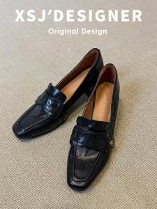 LIQIXIEFANG | Genuine Leather Vintage British Style Womens Loafers Block Heel Square Toe Slip-Ons