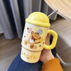 LUXIAOSHI | Tách Sứ Hình Mèo Dễ Thương có Nắp và Ống Hút