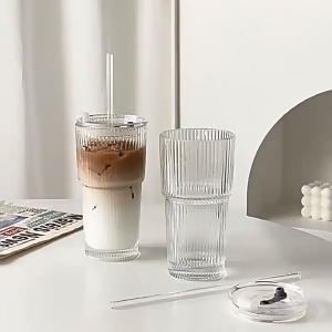 600ML Stripe Glass Coffee Cup With Lid and Straw Transparent Drinking Glasses for Juice Milk Tea Cups Iced Coffee Mugs Drinkware