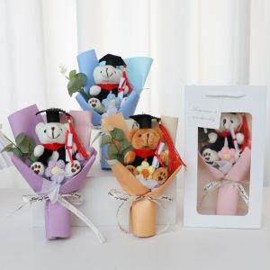 Hand Knitted Doctor Bear Flower Bouquet with With Gift Bag Graduation Plush Toy Bouquet Gifts