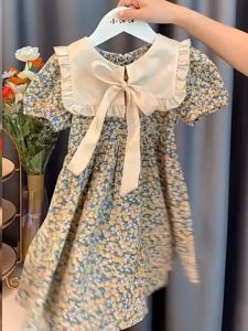 Girl Flower Ribbon Dress - Cotton Summer Short Sleeves Korean Kids Dress Gown Flower Girl - Dress Kanak Baju Kanak Kanak Perempuan Princess Dress Budak - 儿童女孩公主泡泡袖蝴蝶结碎花蓝色连衣裙 - Christmas outfit