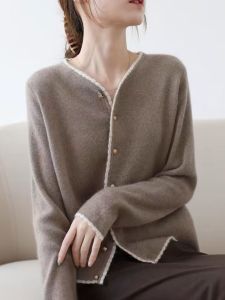 ฤดูใบไม้ผลิ ฤดูใบไม้ร่วง 2024 ใหม่ French Vintage Cashmere เสื้อสเวตเตอร์ถัก ผู้หญิง หลวม แขนยาวสีบริสุทธิ์ ขนสัตว์ เสื้อโค้ท คาร์ดิเกน