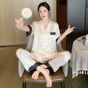 Bộ Đồ Ngủ Tay Ngắn Vải Lụa Băng Mùa Hè Cho Nữ Gợi Cảm Quần Dài Mỏng Thoáng Khí Thoải Mái Mặc Ở Nhà Mặc Đi Ngủ