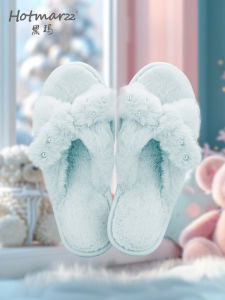 Hotmarzz Womens Black Fur Slippers Indoor Outdoor Wear Autumn Winter Plush Slip-On Casual Flat Heel Velvet Upgraded Version