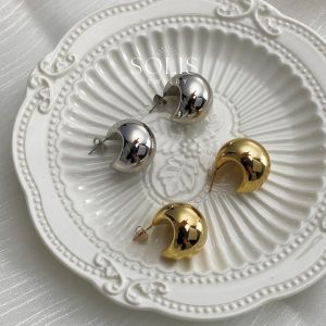 18K Gold Non-Tarnish Waterproof  Round Ball Dome Chunky  Hoop Earrings • 1 Pair 316L Stainless Titanium Steel Huggies Statement Minimalist Earring For Women ER313