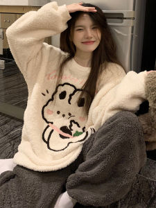 Thickened Coral Fleece Womens Sleepwear Winter Home Clothes Set Cute Rabbit Warm Flannel Long Sleeve round Neck Pajamas