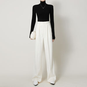 กางเกงขายาวทรงหลวมเอวสูงผ้าขนสัตว์เนื้อนุ่มสไตล์ใหม่ฤดูใบไม้ผลิและฤดูร้อนสำหรับผู้หญิง กางเกงขายาวทรงตรงสีขาว