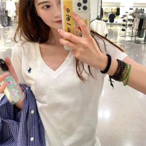 Slim Fit Ice Silk Nguyên Chất Áo Thun Nữ Tay Ngắn Cho Nữ Cổ Chữ V Thêu Mùa Hè Dày Phong Cách Kích Thước Nhỏ