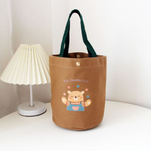 Portable Canvas Lunch Bag Handbag Womens Small Bag Printed Logo Fashionable Bucket Bag Shape Magnetic Buckle Closure Handbag