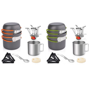 Camping Cookware Kit with Mini Stove Backpacking Stove Kit with Cup Fork Outdoor Tableware Equipment for Hiking Picnic