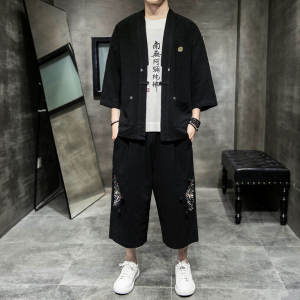 ผู้ชาย ฤดูร้อน ชุดฮั่นฝู ชุดผ้าลินินเปิด คาร์ดิเกน Tang สไตล์ Retro ชุดสองชิ้นปัก Non-iron Treatment ลำลอง Wear