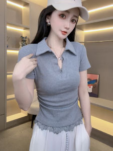 Slim Fit Polo Neck Lace Patchwork Short Sleeve T-Shirt Womens Fashionable Versatile Summer New Arrival Commute Style Top