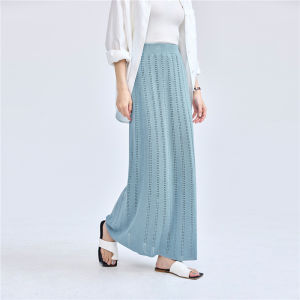 Giordano Womens Hollow out Knitted Skirt Elastic Waist A-Line Midi Skirt Fresh Style High Waist Daily Wear Viscose Nylon