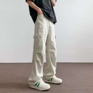 Black Casual Straight Leg Work Pants Mens High Street Style Spring 2024 Trendy Loose Fit Cargo Trousers Youth Daily Wear