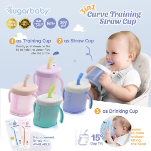 Sugar baby 3 in 1 Curve Training Straw Cup/Gelas MPASI Bayi/Gelas Bayi Anti Tumpah Bocor