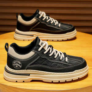 Mens Casual Work Shoes Waterproof Anti-slip Wear-resistant Martin Boots Leather Patchwork Mid-Heel round Toe Rubber Outsole