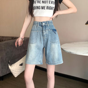 กางเกงยีนส์ห้าส่วนสไตล์ฮ่องกงกางเกงขาสั้นทรงสอบ5ส่วนออกแบบสำหรับผู้กลุ่มน้อยไซส์ใหญ่ทรงหลวมดูผอมเอวสูงฤดูร้อนสำหรับผู้หญิง INS อินเทรนด์