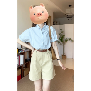 XIAOQIAOJIA | Áo sơ mi polo tay ngắn màu xanh đẹp cho nữ mùa hè 2025 phong cách Hàn Quốc dáng rộng thường ngày chất liệu khác kiểu dáng đơn giản