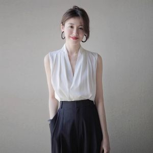 Silk Satin White V-Neck Strapless Vest Womens Spring Autumn Three Acetate Sleeveless Shirt Hanging Neck Top