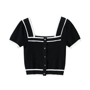 GOFAR Knit Sweater Womens French Collar Short Sleeve Viscose Pullover Shirt Slimming Vintage Fashion Square Neck Top