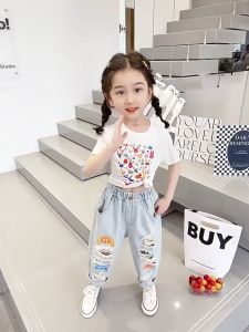 SUKAL กางเกงยีนส์เด็ก กางเกงยีนเด็กผญ กางเกงยีนเดกผช กางเกงยีนส์เด็กผู้หญิงฤดูร้อนกราฟฟิตีฉีกกางเกงลำลองกางเกงฤดูร้อนบางสำหรับเด็กชายและเด็กหญิง 1-8 ปี