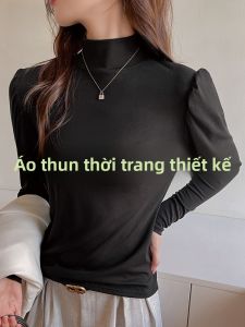 MiiOW | Áo thun tay dài cổ cao phong cách thường ngày MiiOW dành cho nữ mùa thu đông Áo lót bên trong bằng vải lanh viscose tay bồng