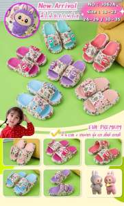 (ยกแพ็ค 6คู่) รองเท้าแตะสวมเด็กลาบบู้ 3062A มีไฟกระพริบ พื้นEVA และยางพารา นุ่มเบา คละสี คละไซส์