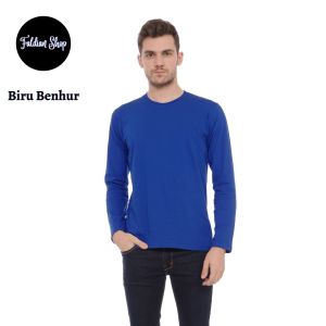 Kaos Polos Pria Oneck Lengan Panjang Bahan Katun Combed 30s Warna Biru Benhur