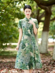 Summer Short Sleeve Qipao Dress for Middle-Aged Women Retro Mom Style National Trend Improved Version Casual Fit Silk Blend Long Dress