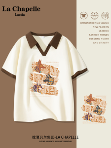 La Chapelle Womens V-Neck Short Sleeve T-Shirt Summer Trendy Loose Fit Polo Shirt Creative Cartoon Print Street Style Cotton