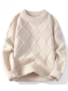 ROMON | เสื้อสเวตเตอร์ถักหนาแบบสวมหัวหลวมๆ สำหรับผู้ชายฤดูใบไม้ร่วง/ฤดูหนาว ทรงหลวม คอกลม สีสันสดใส ผ้าฝ้ายโพลีเอสเตอร์ 100%