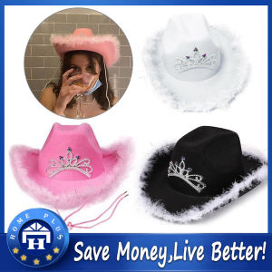 【Local delivery】 Pink Tiara Western Style Cowgirl Hats for Women Girl Rolled Fedora Caps Feather Edge Beach Cowboy Hat Sequin Western for Party CapThemed Birthday ZJJ-Cowgirl-Hat